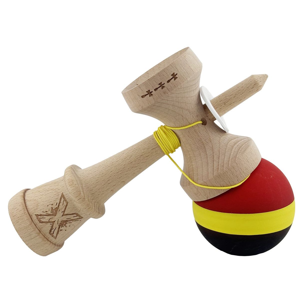 Kendama X Originala, Profesionala, Vivimall, Cupe Mari KING SIZE V3, Rubber Grip, Gaura in Baza, Rulment Metalic, din lemn 18 cm, Ata 55 cm, M Rosu/Galben/Negru - vivimall.ro