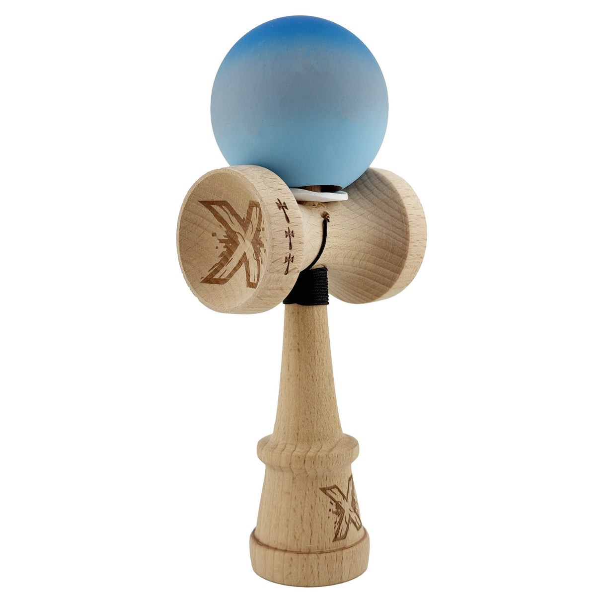 Kendama X Originala, Profesionala, Vivimall, Cupe Mari KING SIZE V3, Rubber Grip, Gaura in Baza, Rulment Metalic, din lemn 18 cm, Ata 55 cm, Gradient Albastru/Gri/Albastru deschis - vivimall.ro