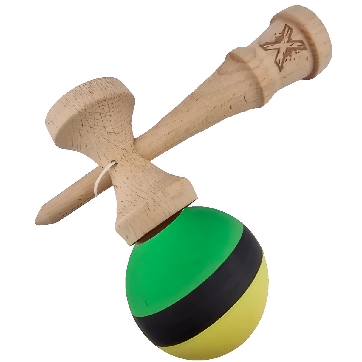 Kendama X Originala, Profesionala, Vivimall, din Lemn, Rubber Grip, 18 cm, Galben/Negru/Verde - vivimall.ro