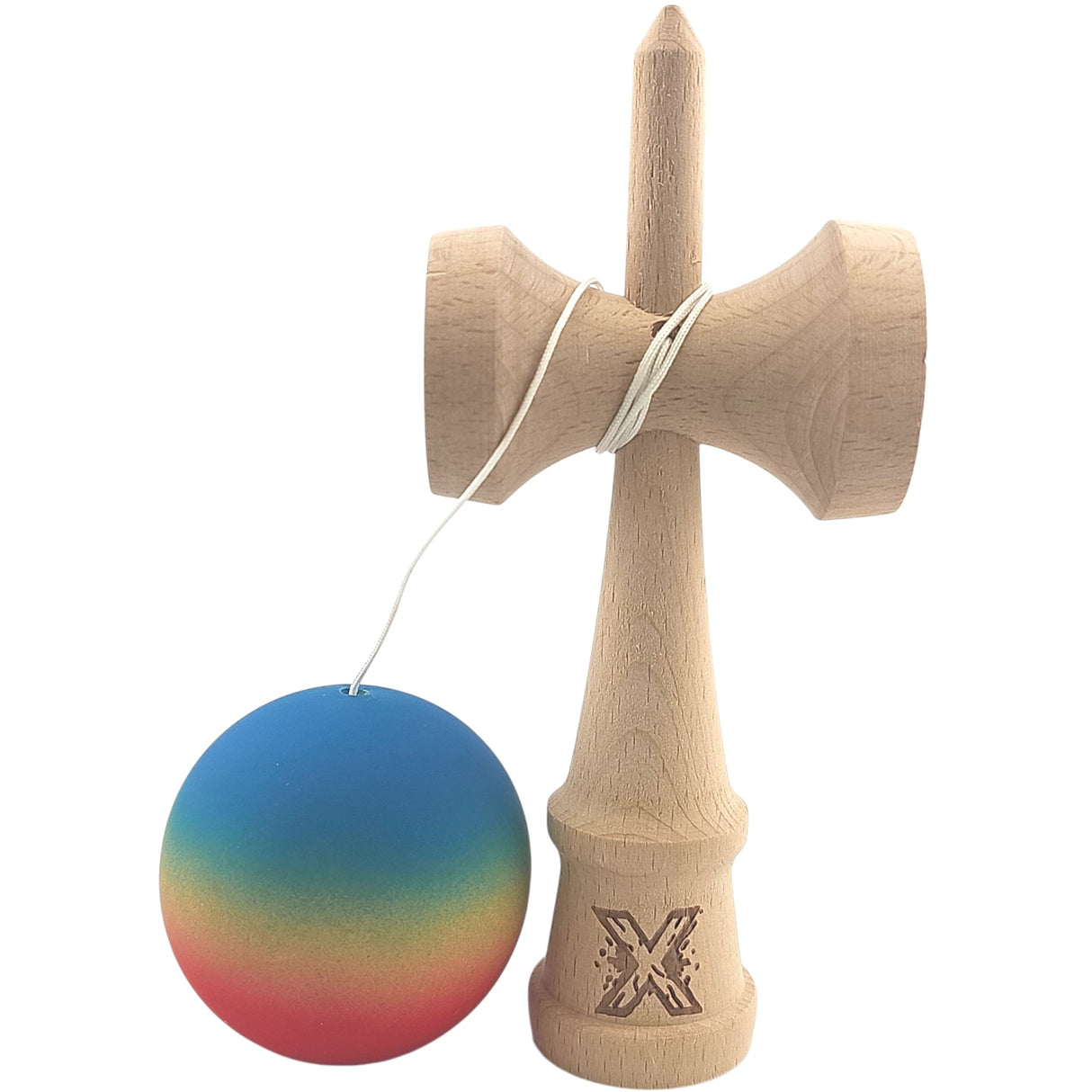 Kendama X Originala, Profesionala, Vivimall, din Lemn, Rubber Grip, 18 cm, Gradient Albastru/Galben/Rosu - vivimall.ro
