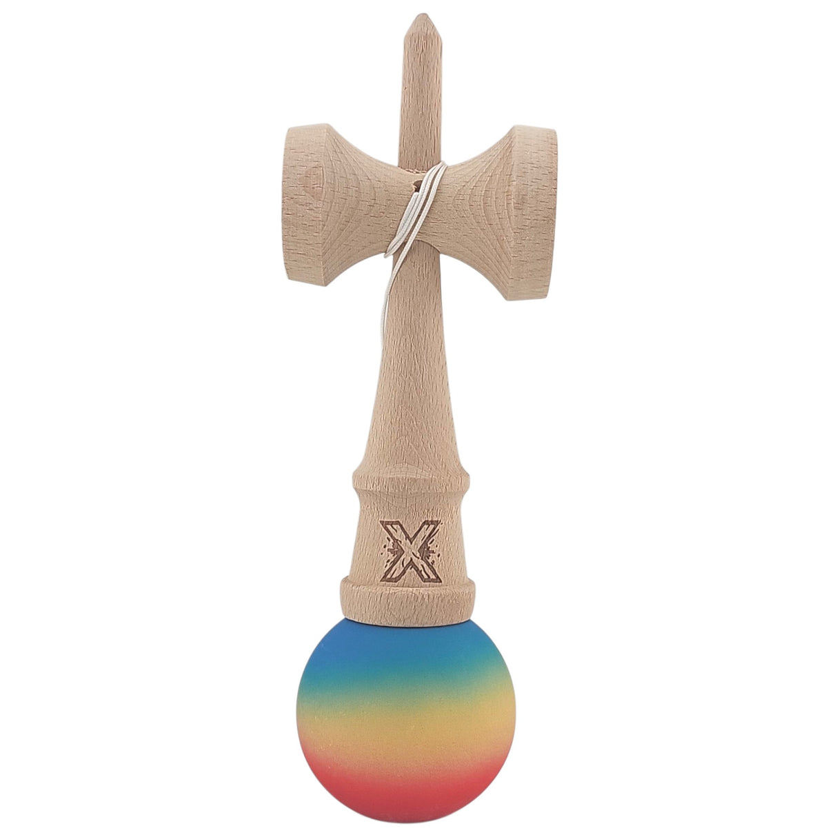 Kendama X Originala, Profesionala, Vivimall, din Lemn, Rubber Grip, 18 cm, Rosu/Galben/Albastru - vivimall.ro