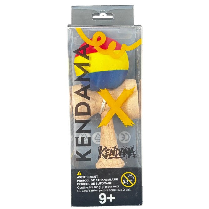 Kendama X Originala, Profesionala, Vivimall, din Lemn, Rubber Grip, 18 cm, Rosu/Galben/Albastru - vivimall.ro