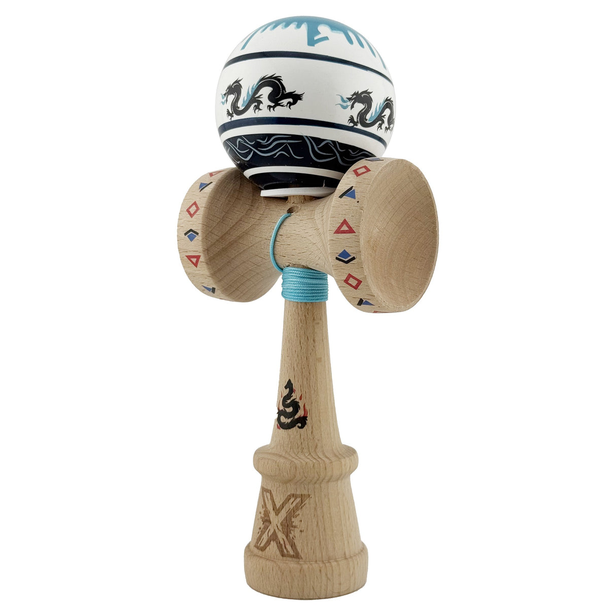 Kendama X Originala, Profesionala, Vivimall, DRAGON Series, Super Sticky cu Cupe Mari King Size V3, Rulment Metalic si Gaura in Baza, din Lemn 18 cm, Ata 55 cm, Albastru/Negru - vivimall.ro