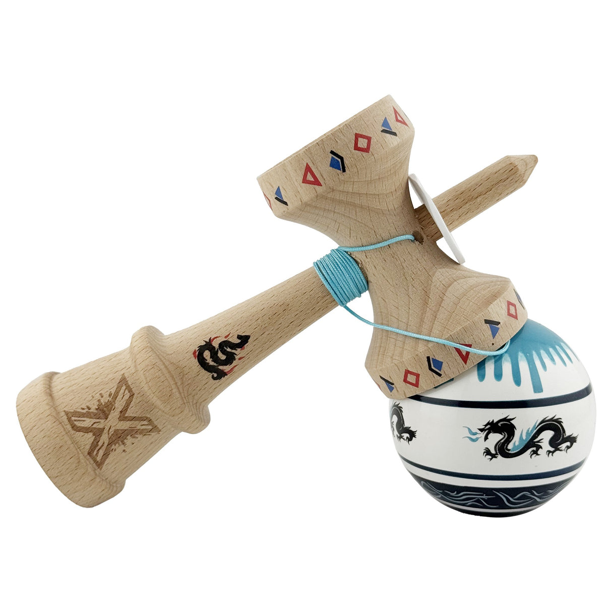 Kendama X Originala, Profesionala, Vivimall, DRAGON Series, Super Sticky cu Cupe Mari King Size V3, Rulment Metalic si Gaura in Baza, din Lemn 18 cm, Ata 55 cm, Albastru/Negru - vivimall.ro