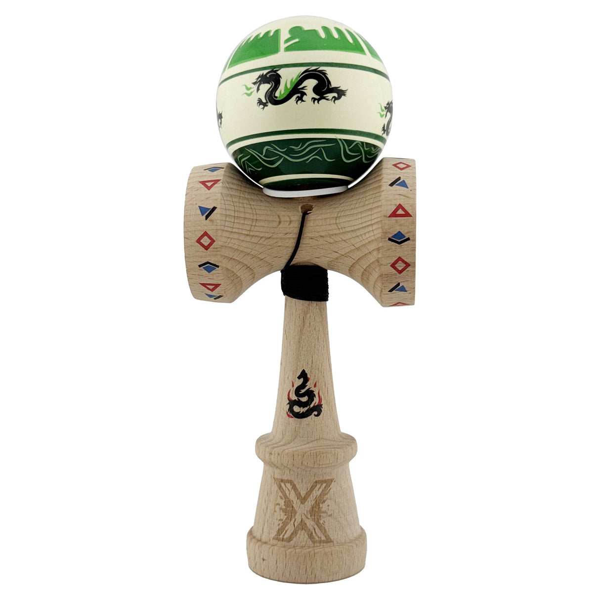 Kendama X Originala, Profesionala, Vivimall, DRAGON Series, Super Sticky cu Cupe Mari King Size V3, Rulment Metalic si Gaura in Baza, din Lemn 18 cm, Ata 55 cm, Verde deschis/Negru - vivimall.ro
