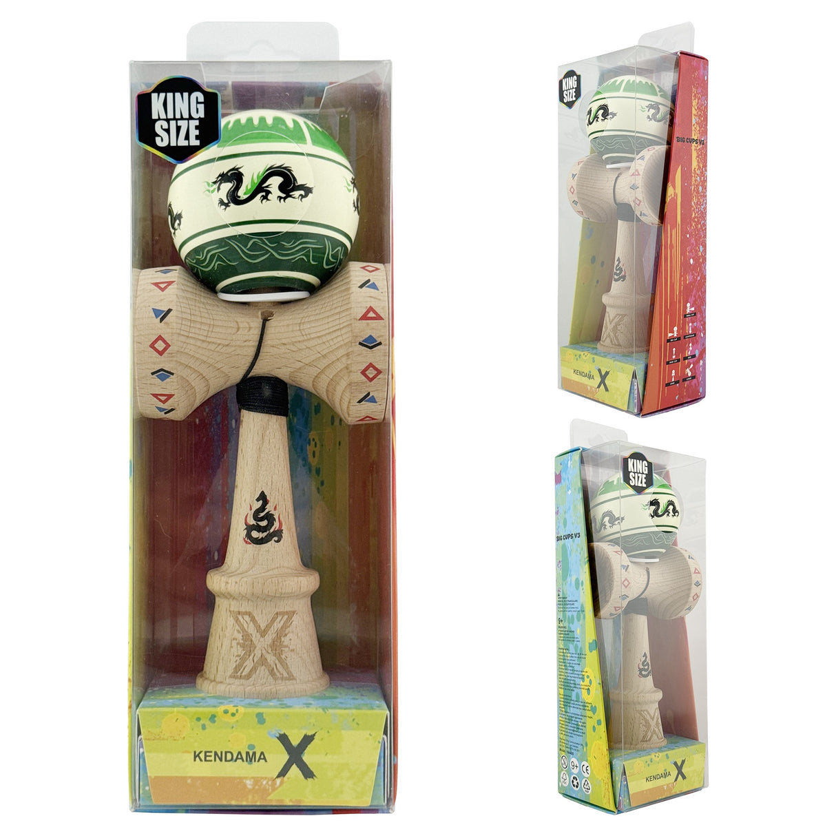 Kendama X Originala, Profesionala, Vivimall, DRAGON Series, Super Sticky cu Cupe Mari King Size V3, Rulment Metalic si Gaura in Baza, din Lemn 18 cm, Ata 55 cm, Verde deschis/Negru - vivimall.ro