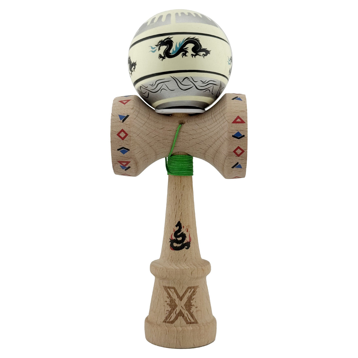 Kendama X Originala, Profesionala, Vivimall, DRAGON Series, Super Sticky cu Cupe Mari King Size V3, Rulment Metalic si Gaura in Baza, din Lemn 18 cm, Ata 55 cm, Gri/Verde deschis - vivimall.ro