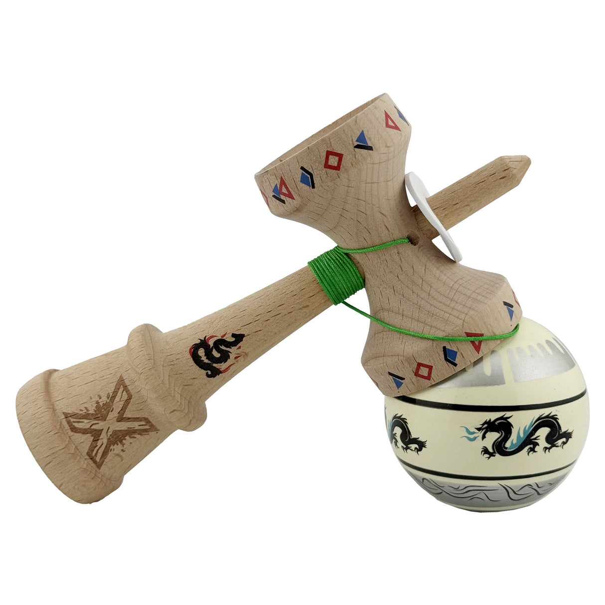 Kendama X Originala, Profesionala, Vivimall, DRAGON Series, Super Sticky cu Cupe Mari King Size V3, Rulment Metalic si Gaura in Baza, din Lemn 18 cm, Ata 55 cm, Gri/Verde deschis - vivimall.ro
