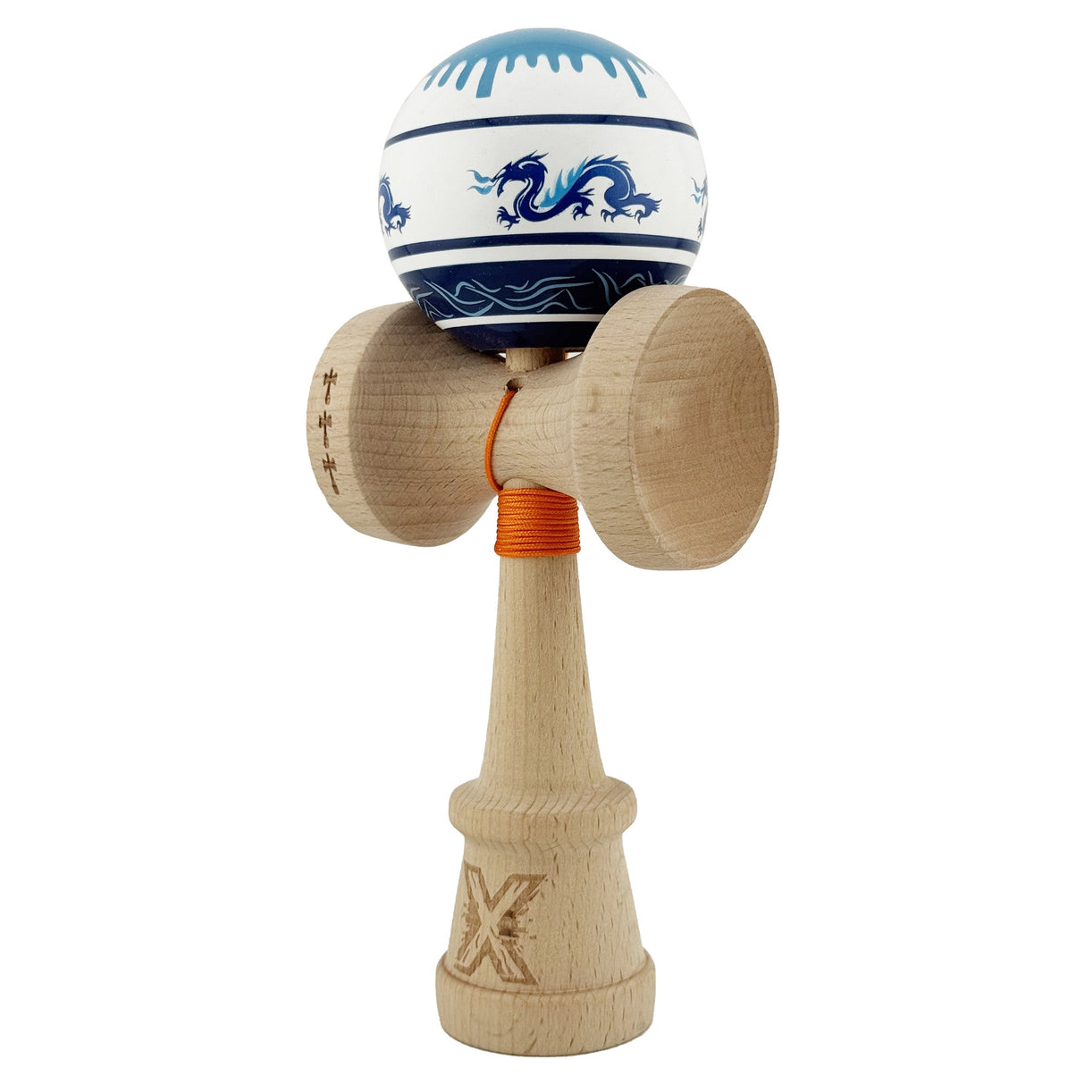 Kendama X Originala, Profesionala, Flippy, DRAGON Series, Super Sticky cu Cupe Mari King Size V3, Rulment Metalic si Gaura in Baza, din Lemn 18 cm, Ata 62/65 cm, Alb/Albastru inchis - vivimall.ro