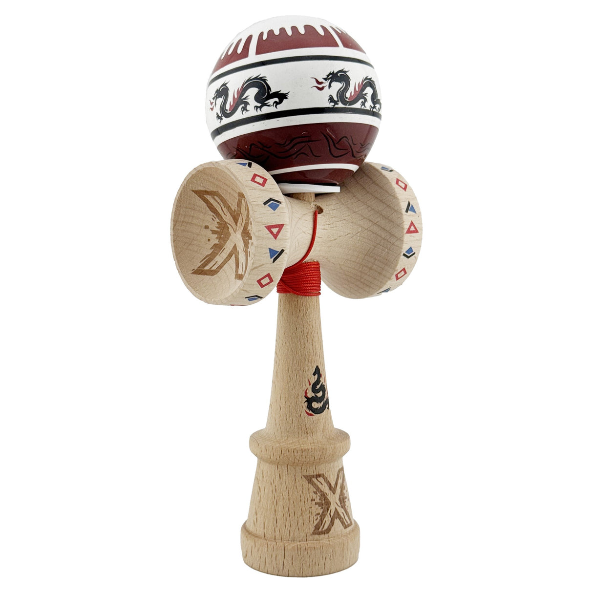 Kendama X Originala, Profesionala, Vivimall, DRAGON Series, Super Sticky cu Cupe Mari King Size V3, Rulment Metalic si Gaura in Baza, din Lemn 18 cm, Ata 55 cm, Alb/Rosu inchis - vivimall.ro