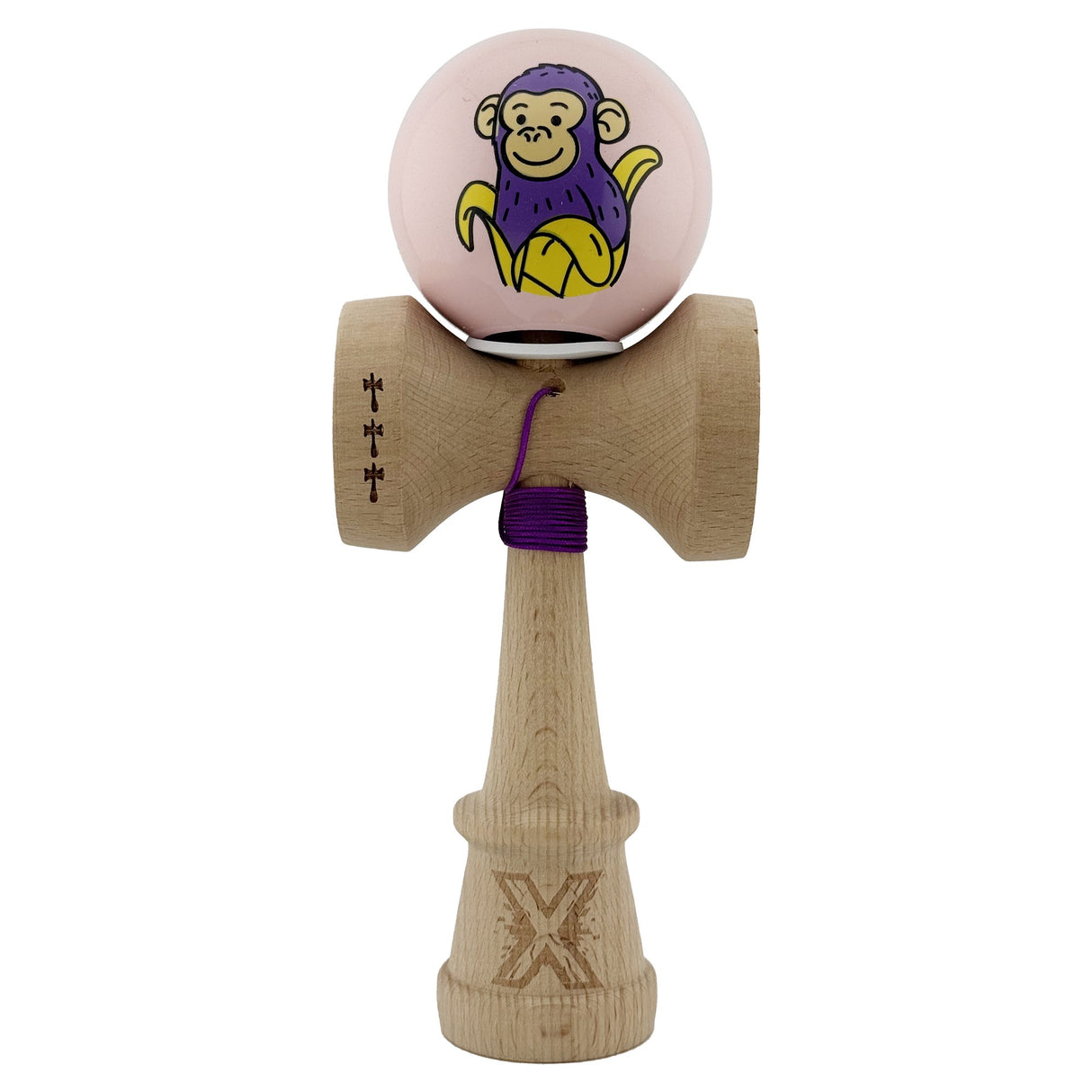 Kendama X Originala, Profesionala, Vivimall, Violet Monkey, Super Sticky cu Cupe Mari King Size V3, Rulment Metalic si Gaura in Baza, din Lemn 18 cm, Ata 55 cm, Roz - vivimall.ro