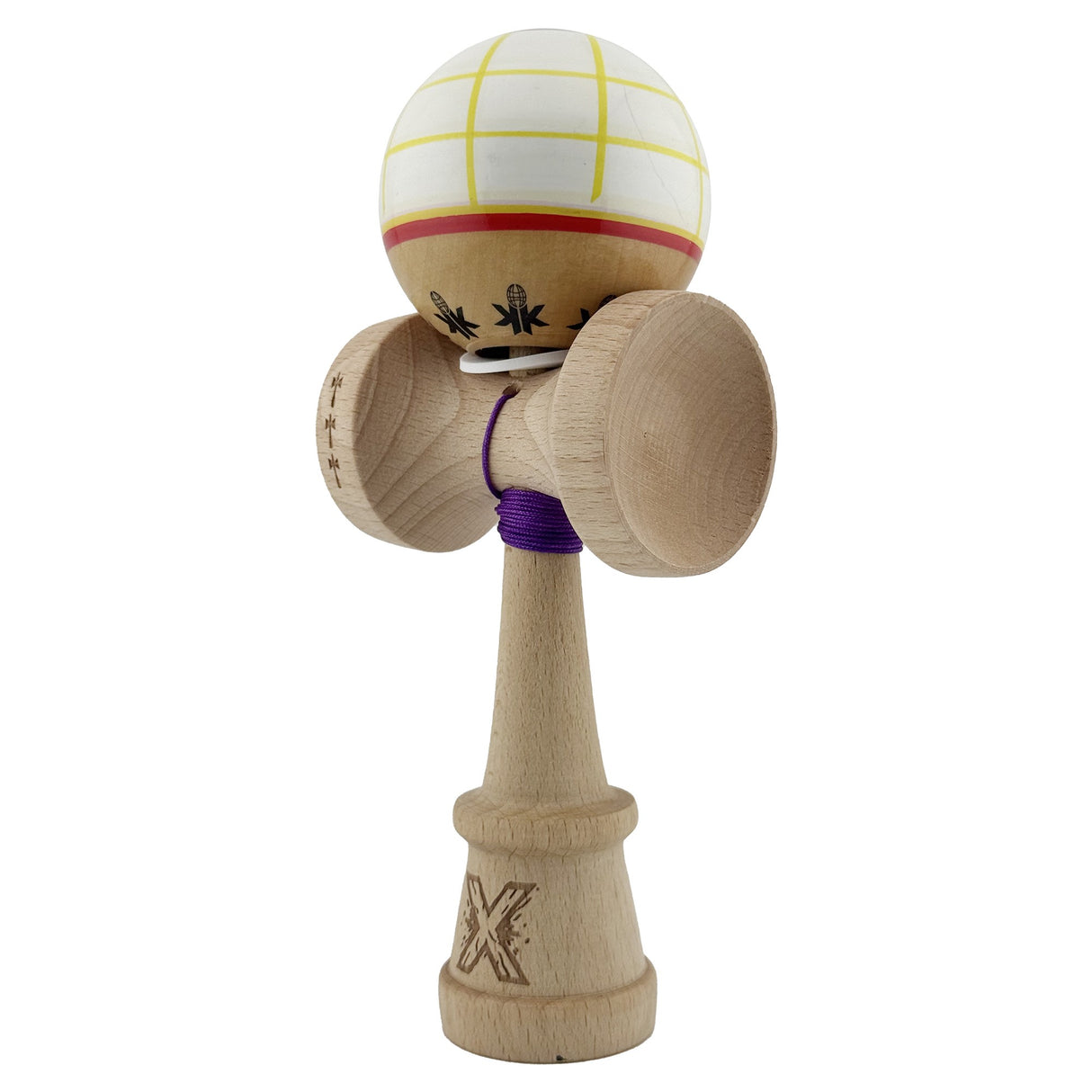Kendama X Originala, Profesionala, Vivimall, Legendary Glob, Cupe Mari KING SIZE V3, Super Sticky, Gaura in Baza, Rulment Metalic, din lemn 18 cm, Ata 55 cm, Alb/Galben/Rosu - vivimall.ro