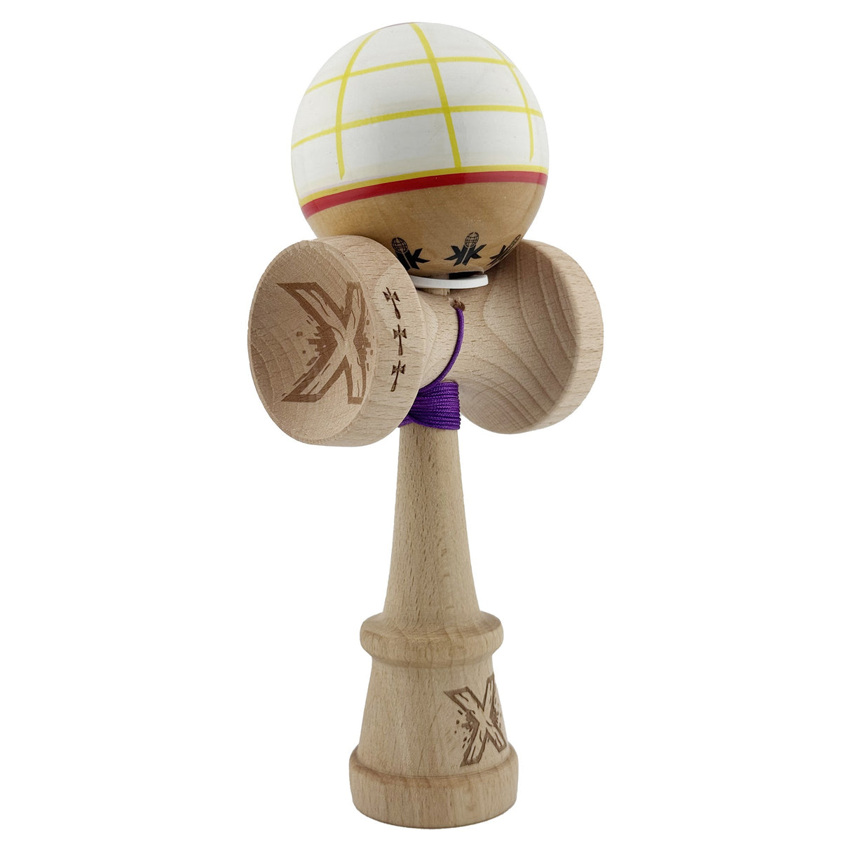 Kendama X Originala, Profesionala, Vivimall, Legendary Glob, Cupe Mari KING SIZE V3, Super Sticky, Gaura in Baza, Rulment Metalic, din lemn 18 cm, Ata 55 cm, Alb/Galben/Rosu - vivimall.ro