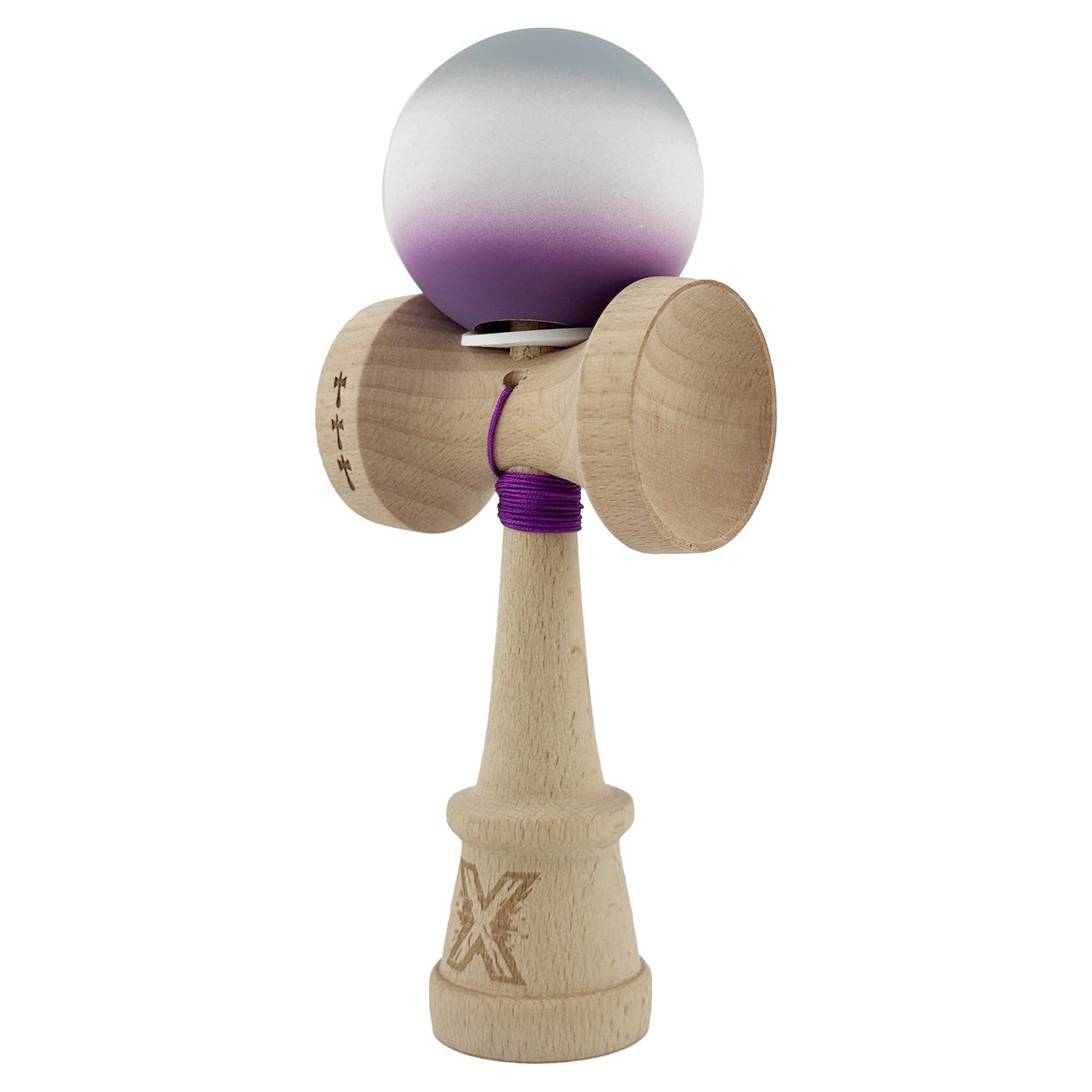 Kendama X Originala, Profesionala, Vivimall, Rubber Grip, Cupe Mari KING SIZE V3, Gaura in Baza, Rulment Metalic, din lemn 18 cm, Ata 62/65 cm, Gradient Gri/Alb/Mov - vivimall.ro