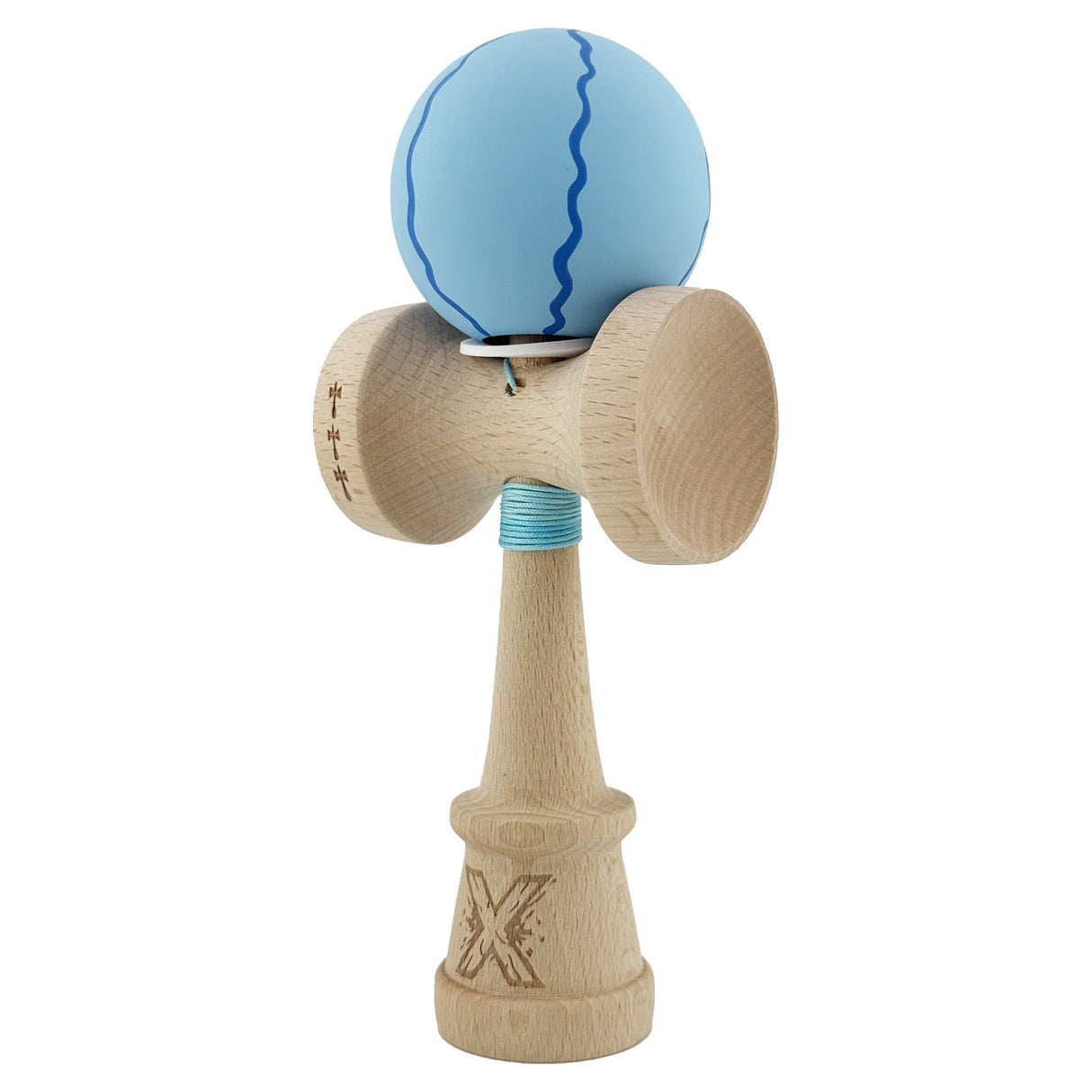 Kendama X Originala, Profesionala, Vivimall, Rubber Grip, Cupe Mari KING SIZE V3, Gaura in Baza, Rulment Metalic, din lemn 18 cm, Ata 55 cm, Special Albastru deschis - vivimall.ro