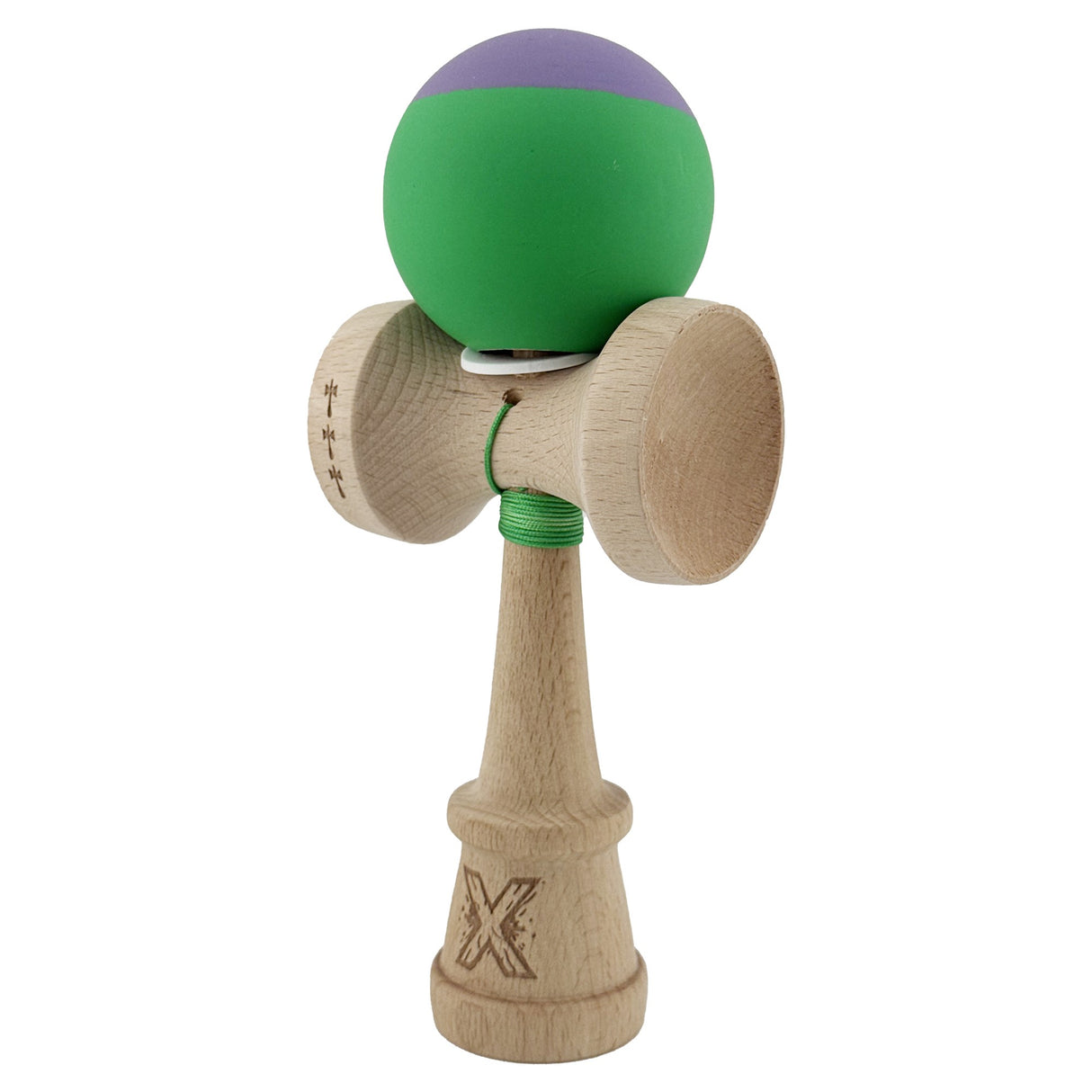 Kendama X Originala, Profesionala, Vivimall, Rubber Grip, Cupe Mari KING SIZE V3, Gaura in Baza, Rulment Metalic, din lemn 18 cm, Ata 55 cm, Bicolor Mov/Verde - vivimall.ro