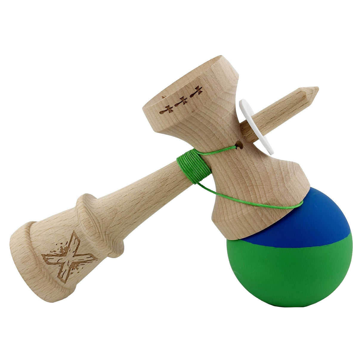 Kendama X Originala, Profesionala, Vivimall, Rubber Grip, Cupe Mari KING SIZE V3, Gaura in Baza, Rulment Metalic, din lemn 18 cm, Ata 55 cm, Bicolor Albastru/Verde - vivimall.ro