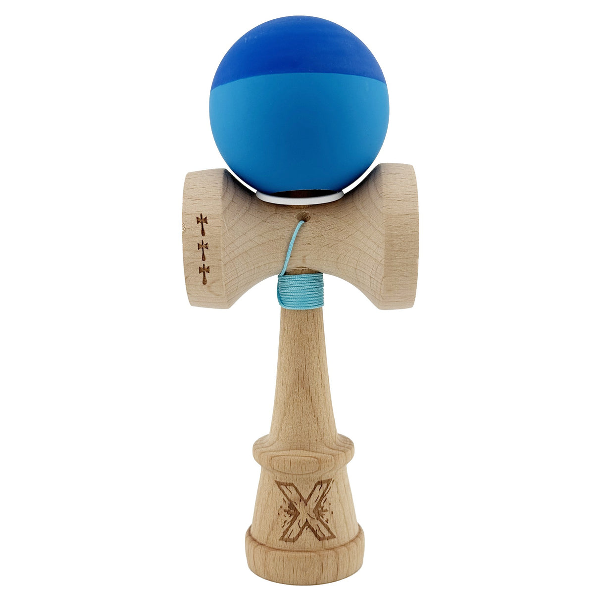 Kendama X Originala, Profesionala, Vivimall, Rubber Grip, Cupe Mari KING SIZE V3, Gaura in Baza, Rulment Metalic, din lemn 18 cm, Ata 55 cm, Bicolor Albastru/Albastru deschis - vivimall.ro