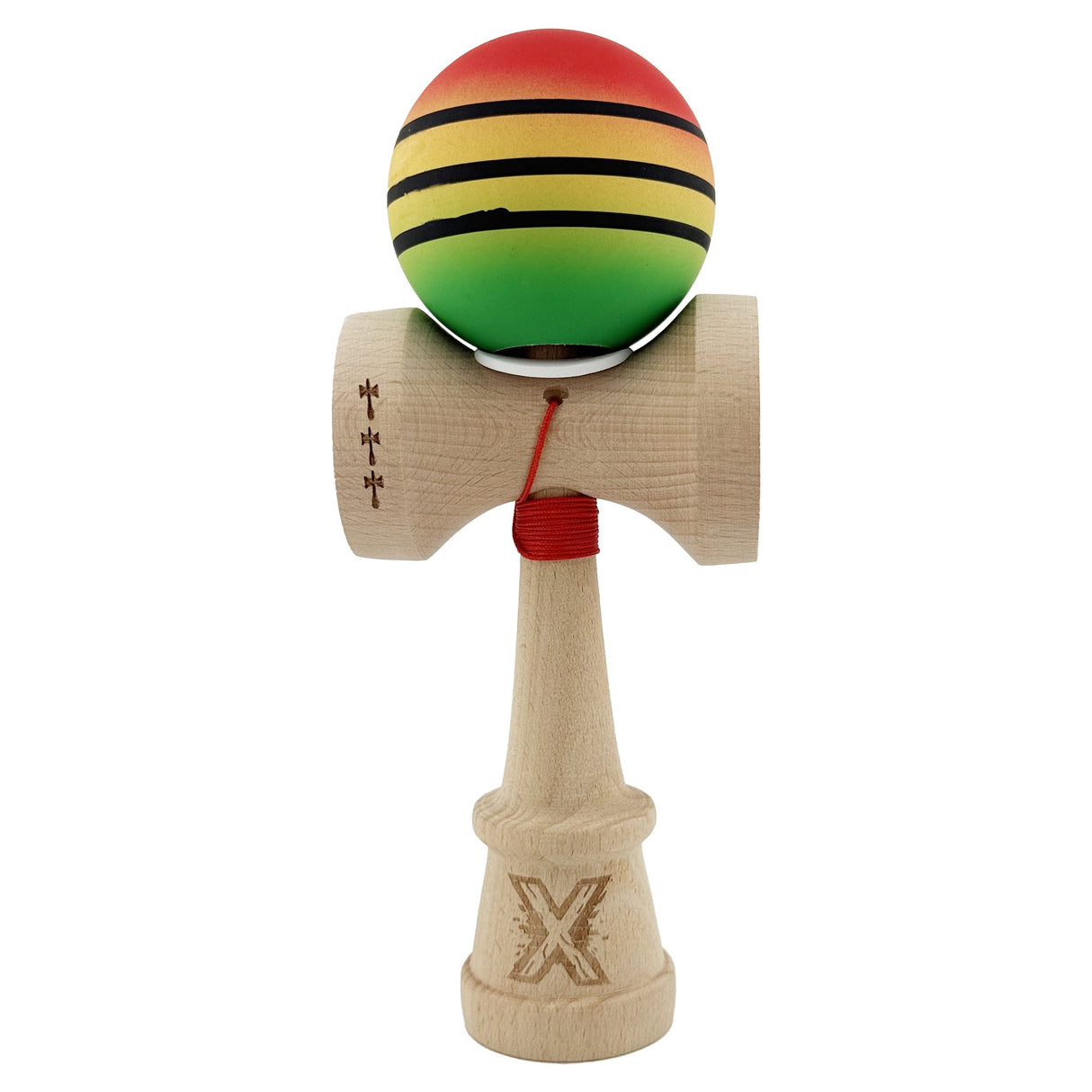 Kendama X Originala, Profesionala, Vivimall, Rubber Grip, Cupe Mari KING SIZE V3, Gaura in Baza, Rulment Metalic, din lemn 18 cm, Ata 55 cm, Special Rosu/Galben/Verde - vivimall.ro
