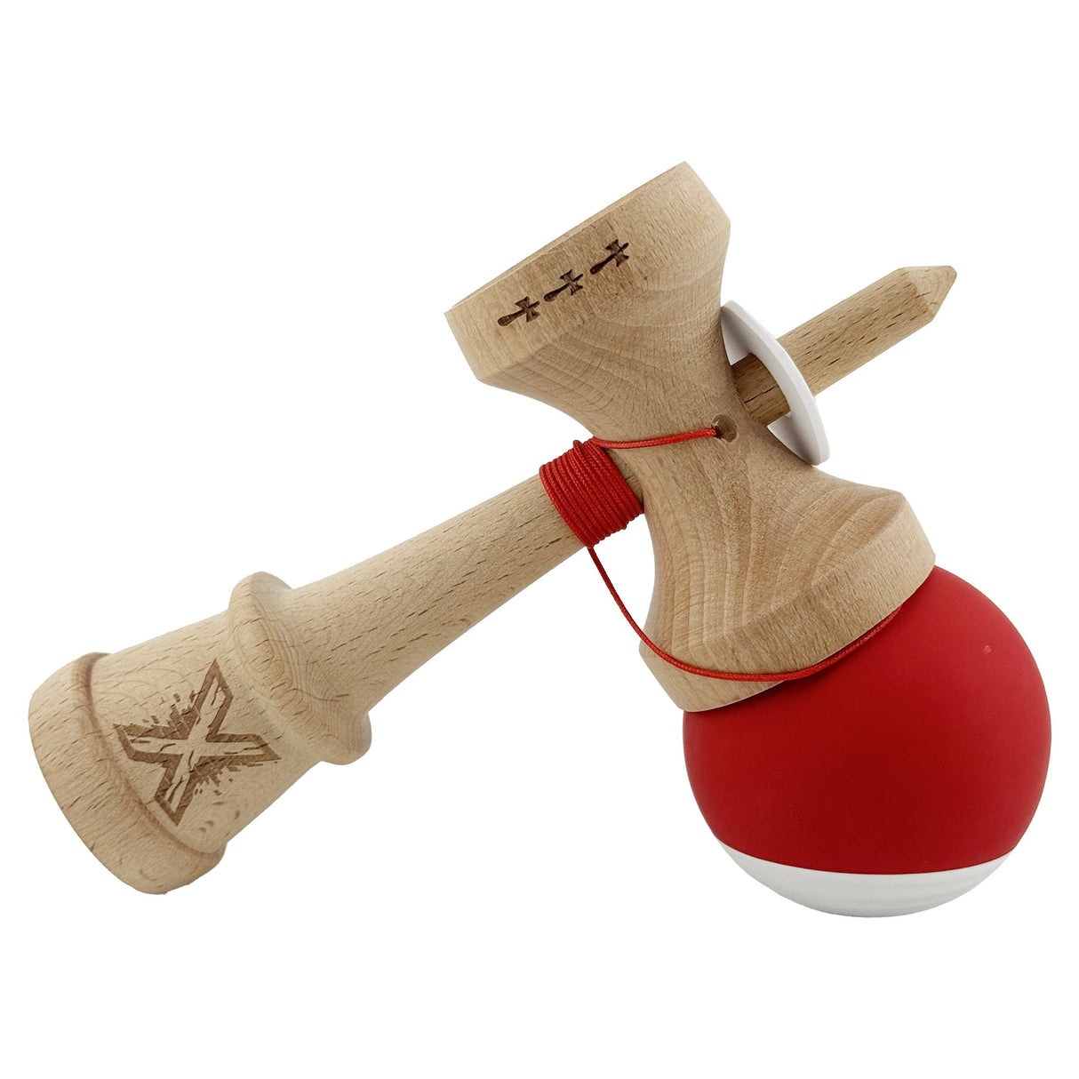 Kendama X Originala, Profesionala, Vivimall, Rubber Grip, Cupe Mari KING SIZE V3, Gaura in Baza, Rulment Metalic, din lemn 18 cm, Ata 55 cm, Bicolor Rosu/Alb - vivimall.ro