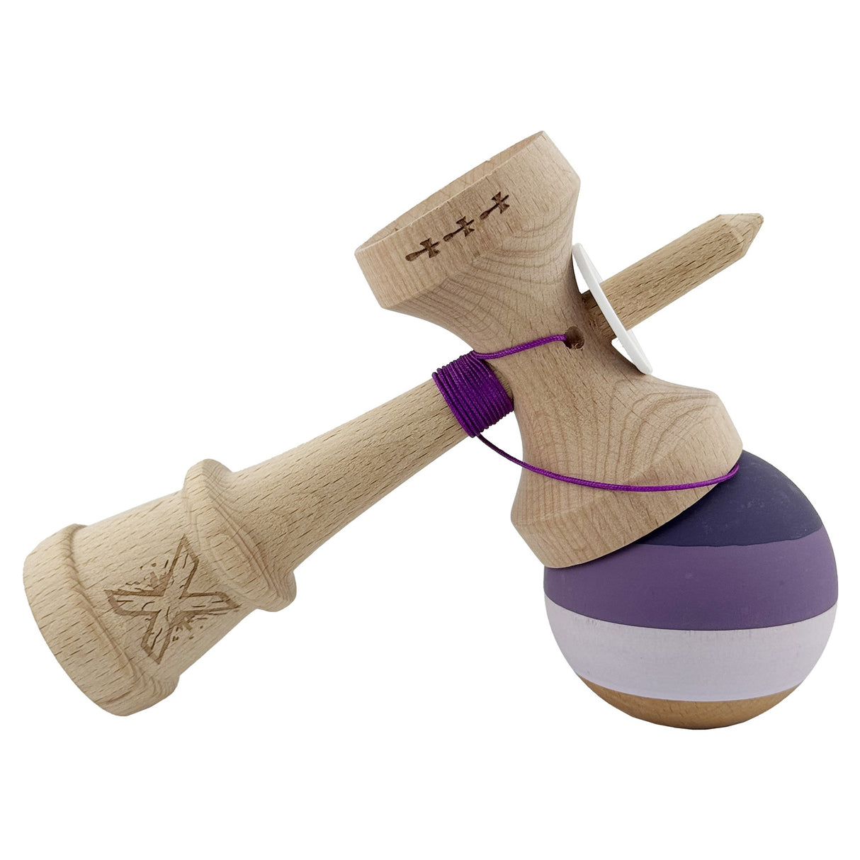 Kendama X Originala, Profesionala, Vivimall, Rubber Grip, Cupe Mari KING SIZE V3, Gaura in Baza, Rulment Metalic, din lemn 18 cm, Ata 55 cm, Special Purpuriu/Mov/Lila - vivimall.ro