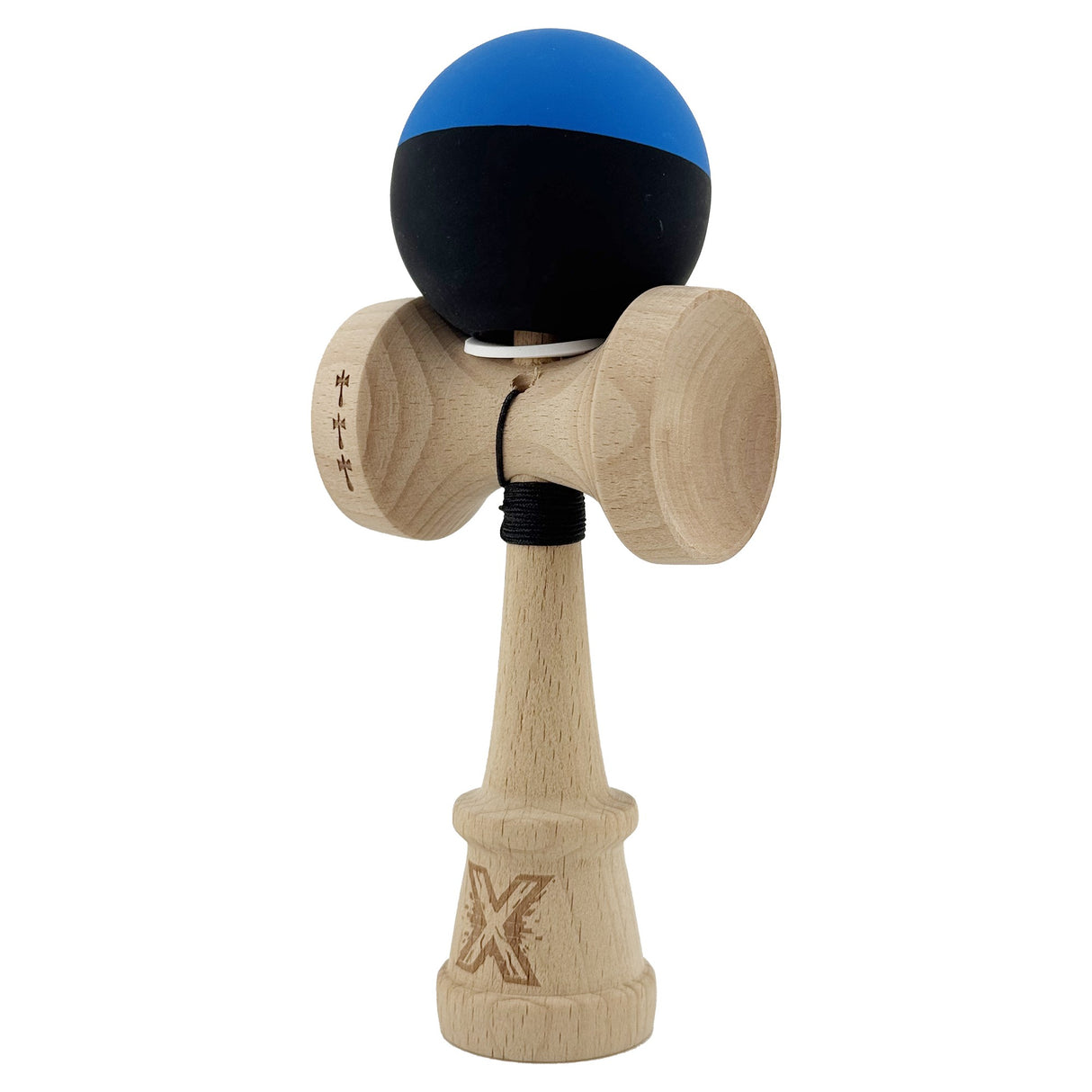 Kendama X Originala, Profesionala, Vivimall, Rubber Grip, Cupe Mari KING SIZE V3, Gaura in Baza, Rulment Metalic, din lemn 18 cm, Ata 55 cm, Bicolor Albastru/Negru - vivimall.ro
