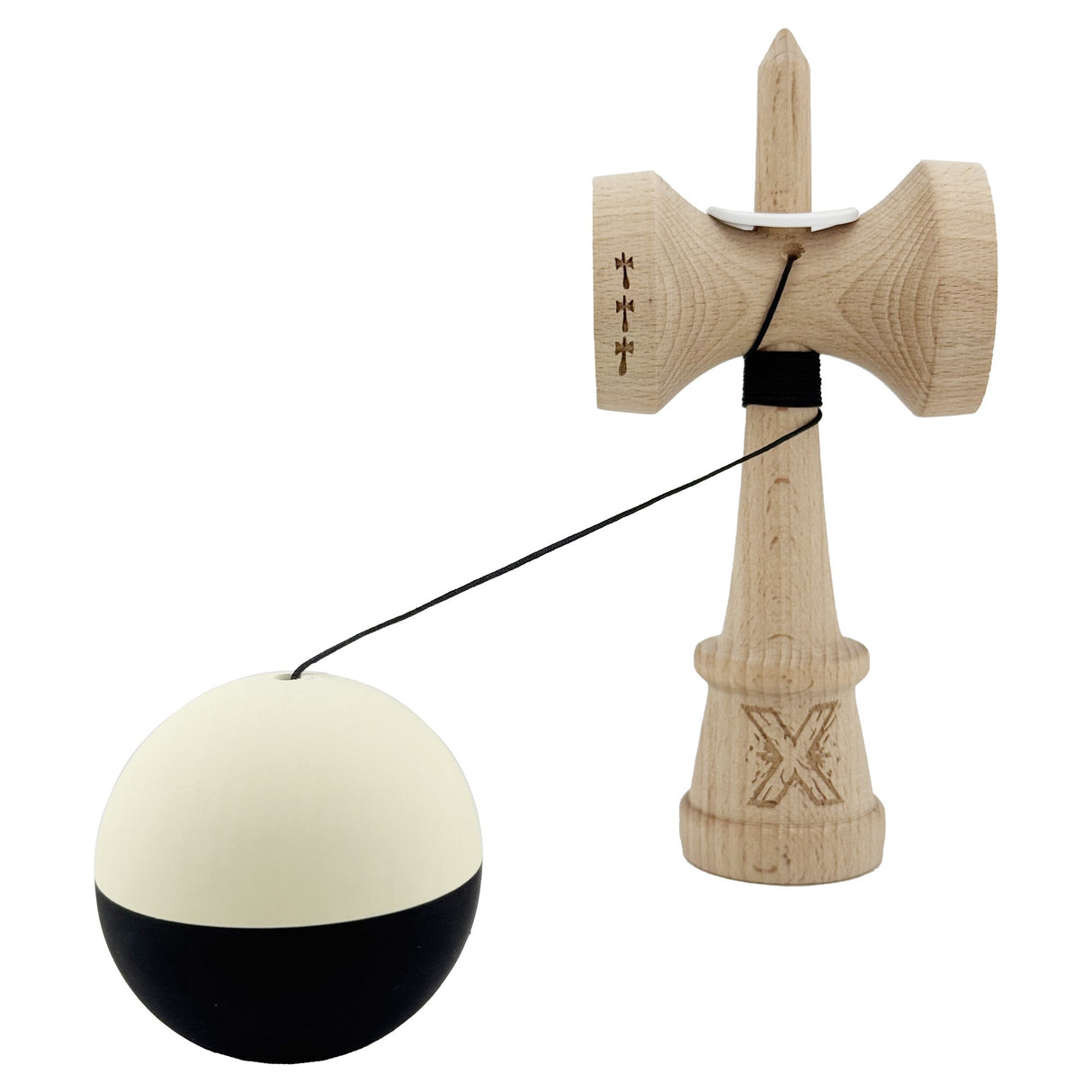 Kendama X Originala, Profesionala, Vivimall, Rubber Grip, Cupe Mari KING SIZE V3, Gaura in Baza, Rulment Metalic, din lemn 18 cm, Ata 55 cm, Bicolor Galben/Negru - vivimall.ro