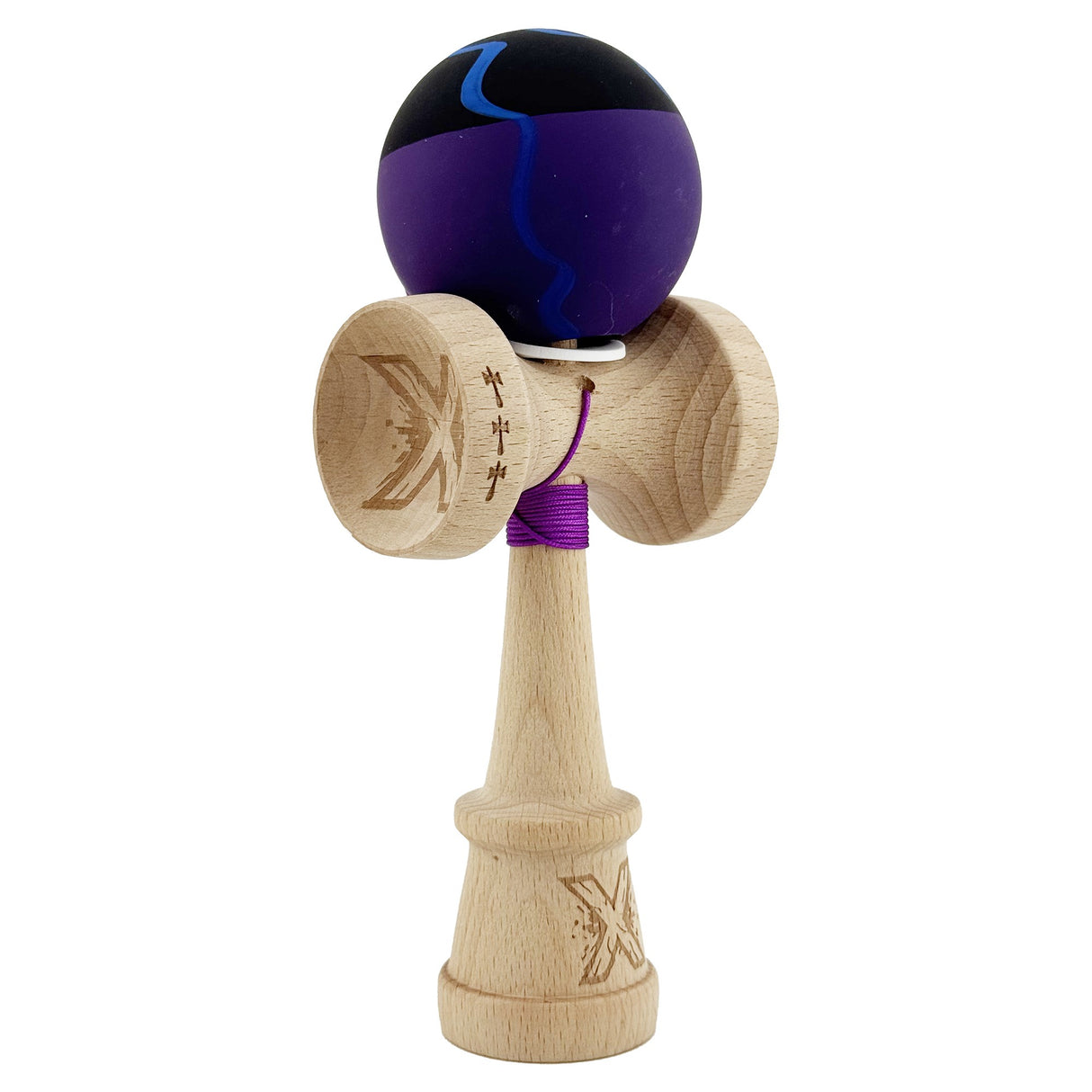 Kendama X Originala, Profesionala, Vivimall, Rubber Grip, Cupe Mari KING SIZE V3, Gaura in Baza, Rulment Metalic, din lemn 18 cm, Ata 55 cm, Special Negru/Mov/Albastru - vivimall.ro