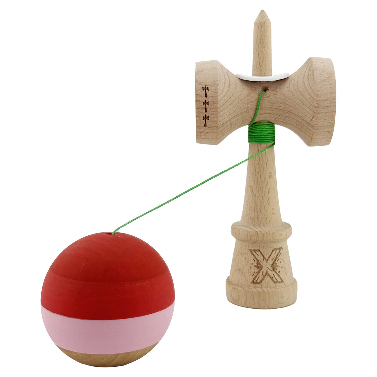 Kendama X Originala, Profesionala, Vivimall, Rubber Grip, Cupe Mari KING SIZE V3, Gaura in Baza, Rulment Metalic, din lemn 18 cm, Ata 62/65 cm, Special Rosu/Roz/Maro - vivimall.ro