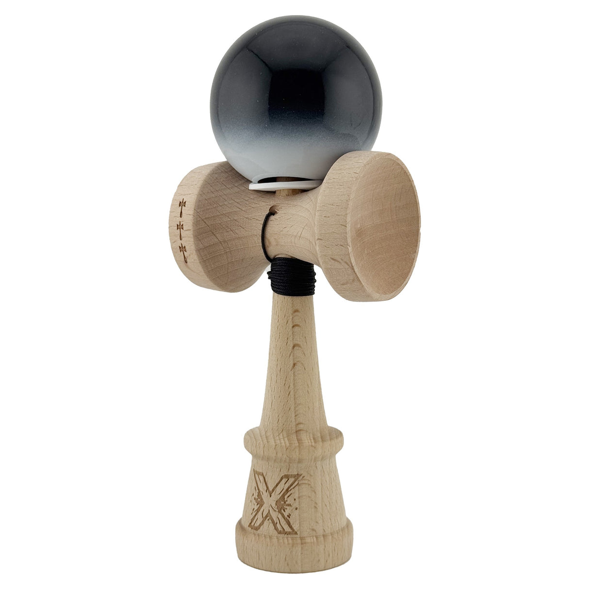 Kendama X Originala, Profesionala, Vivimall, Super Sticky cu Cupe Mari KING SIZE V3, Gaura in Baza, Rulment Metalic, din lemn 18 cm, Ata 62/65 cm, Gradient Negru/Alb - vivimall.ro