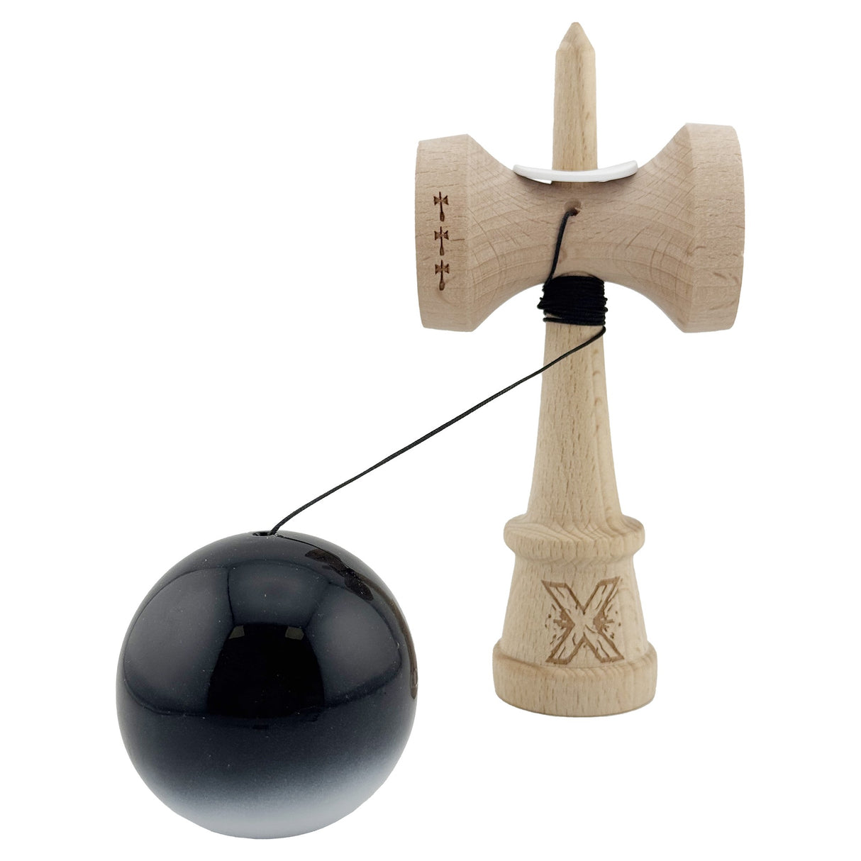 Kendama X Originala, Profesionala, Vivimall, Super Sticky cu Cupe Mari KING SIZE V3, Gaura in Baza, Rulment Metalic, din lemn 18 cm, Ata 62/65 cm, Gradient Negru/Alb - vivimall.ro