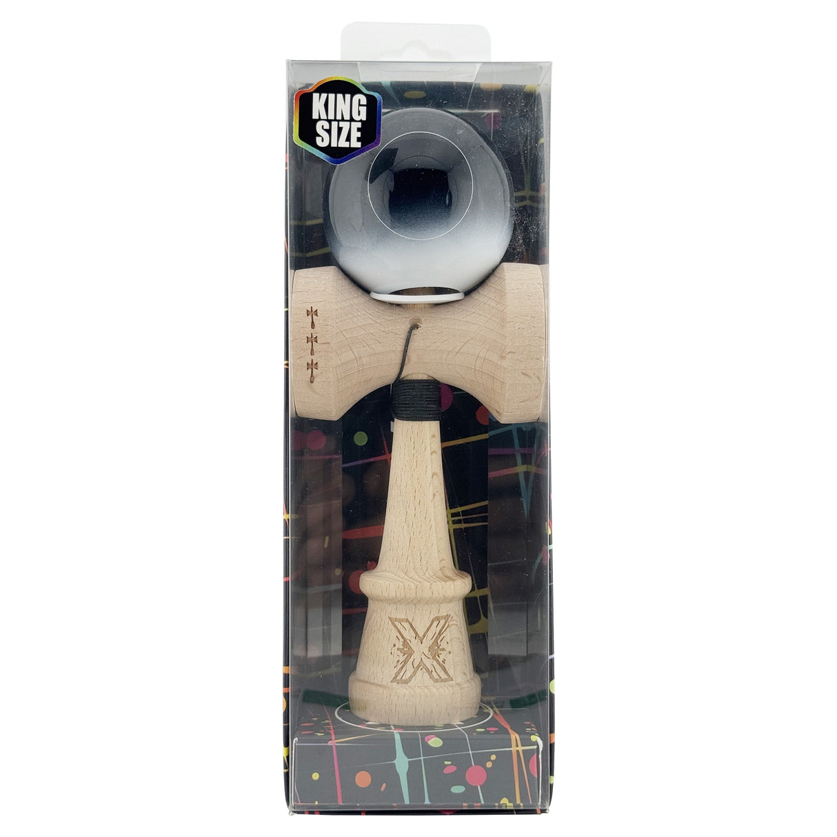 Kendama X Originala, Profesionala, Vivimall, Super Sticky cu Cupe Mari KING SIZE V3, Gaura in Baza, Rulment Metalic, din lemn 18 cm, Ata 62/65 cm, Gradient Negru/Alb - vivimall.ro