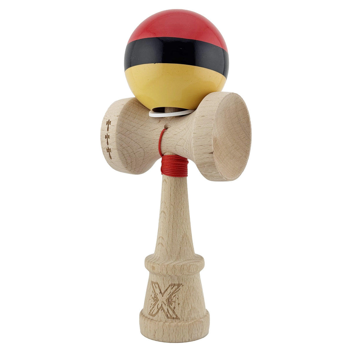 Kendama X Originala, Profesionala, Vivimall, Super Sticky cu Cupe Mari KING SIZE V3, Gaura in Baza, Rulment Metalic, din lemn 18 cm, Ata 62/65 cm, Rosu/Negru/Galben- - vivimall.ro