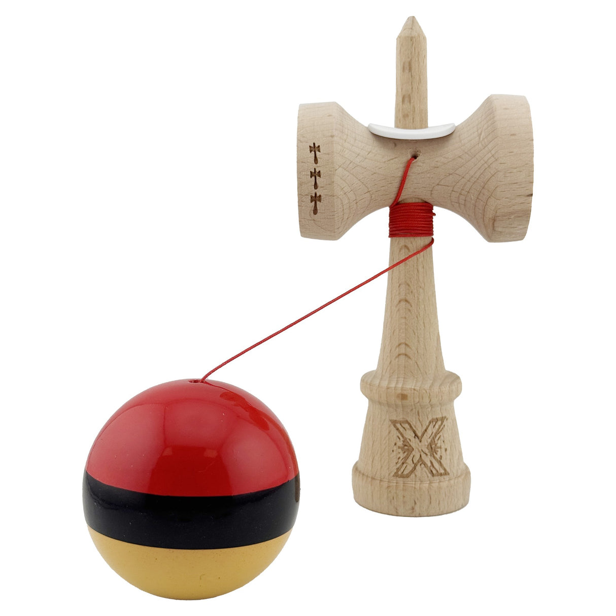 Kendama X Originala, Profesionala, Vivimall, Super Sticky cu Cupe Mari KING SIZE V3, Gaura in Baza, Rulment Metalic, din lemn 18 cm, Ata 62/65 cm, Rosu/Negru/Galben- - vivimall.ro