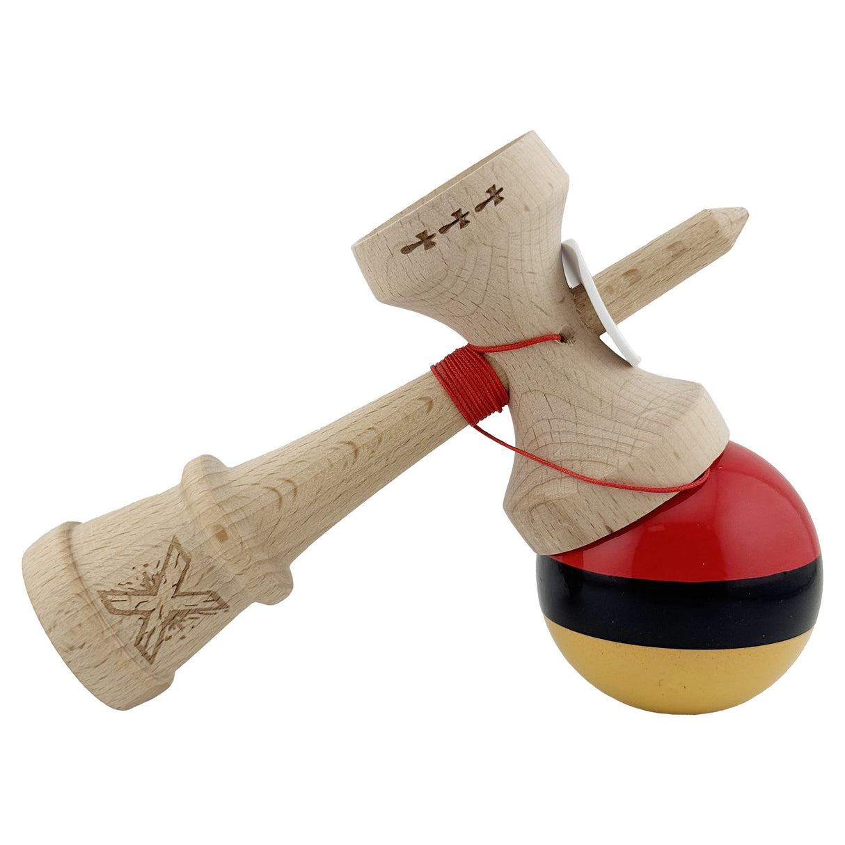 Kendama X Originala, Profesionala, Vivimall, Super Sticky cu Cupe Mari KING SIZE V3, Gaura in Baza, Rulment Metalic, din lemn 18 cm, Ata 62/65 cm, Rosu/Negru/Galben- - vivimall.ro
