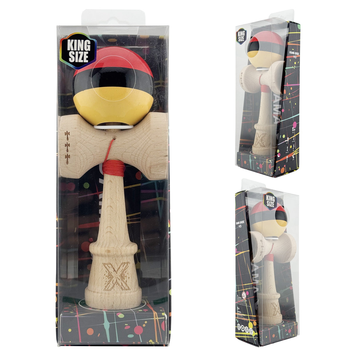 Kendama X Originala, Profesionala, Vivimall, Super Sticky cu Cupe Mari KING SIZE V3, Gaura in Baza, Rulment Metalic, din lemn 18 cm, Ata 62/65 cm, Rosu/Negru/Galben- - vivimall.ro