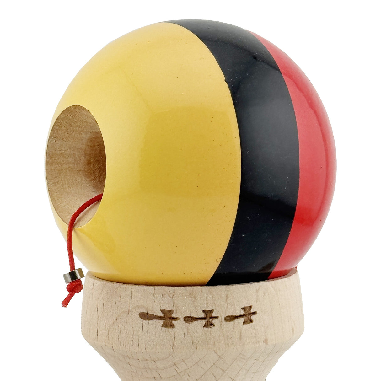 Kendama X Originala, Profesionala, Vivimall, Super Sticky cu Cupe Mari KING SIZE V3, Gaura in Baza, Rulment Metalic, din lemn 18 cm, Ata 62/65 cm, Rosu/Negru/Galben- - vivimall.ro