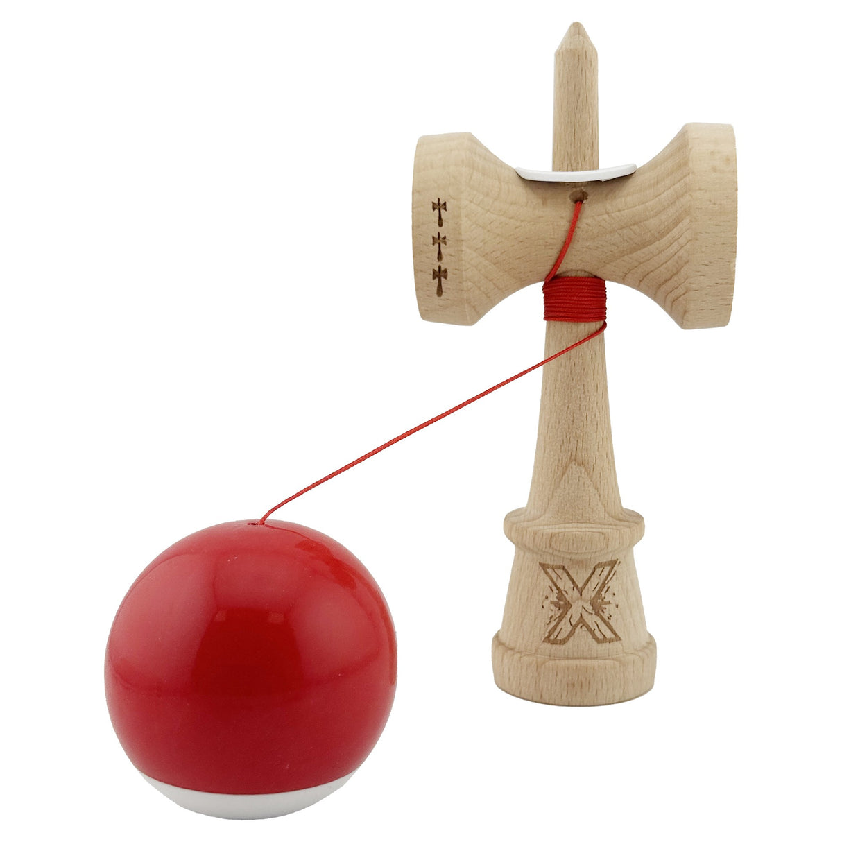 Kendama X Originala, Profesionala, Vivimall, Super Sticky cu Cupe Mari KING SIZE V3, Gaura in Baza, Rulment Metalic, din lemn 18 cm, Ata 62/65 cm, Bicolor Rosu/Alb - vivimall.ro