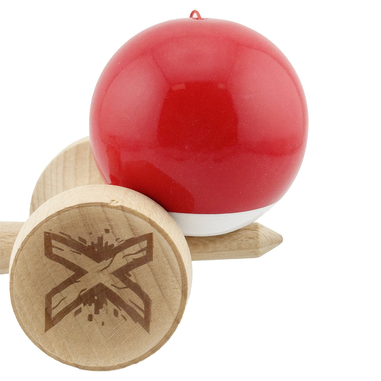 Kendama X Originala, Profesionala, Vivimall, Super Sticky cu Cupe Mari KING SIZE V3, Gaura in Baza, Rulment Metalic, din lemn 18 cm, Ata 62/65 cm, Bicolor Rosu/Alb - vivimall.ro