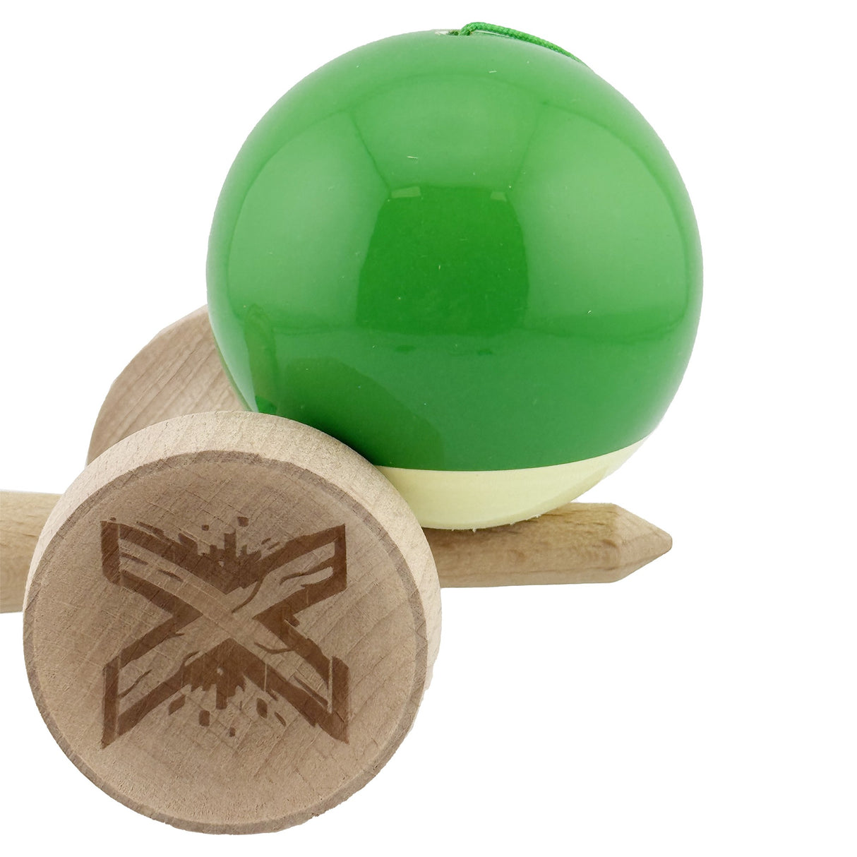 Kendama X Originala, Profesionala, Vivimall, Super Sticky cu Cupe Mari KING SIZE V3, Gaura in Baza, Rulment Metalic, din lemn 18 cm, Ata 62/65 cm, Bicolor Verde/Alb - vivimall.ro