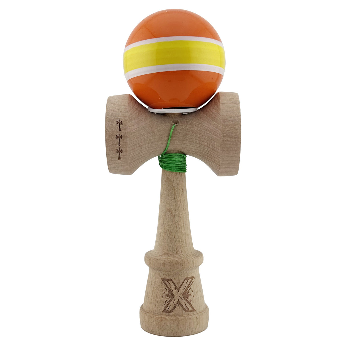 Kendama X Originala, Profesionala, Vivimall, Super Sticky cu Cupe Mari KING SIZE V3, Gaura in Baza, Rulment Metalic, din lemn 18 cm, Ata 62/65 cm, Special Portocaliu/Galben - vivimall.ro