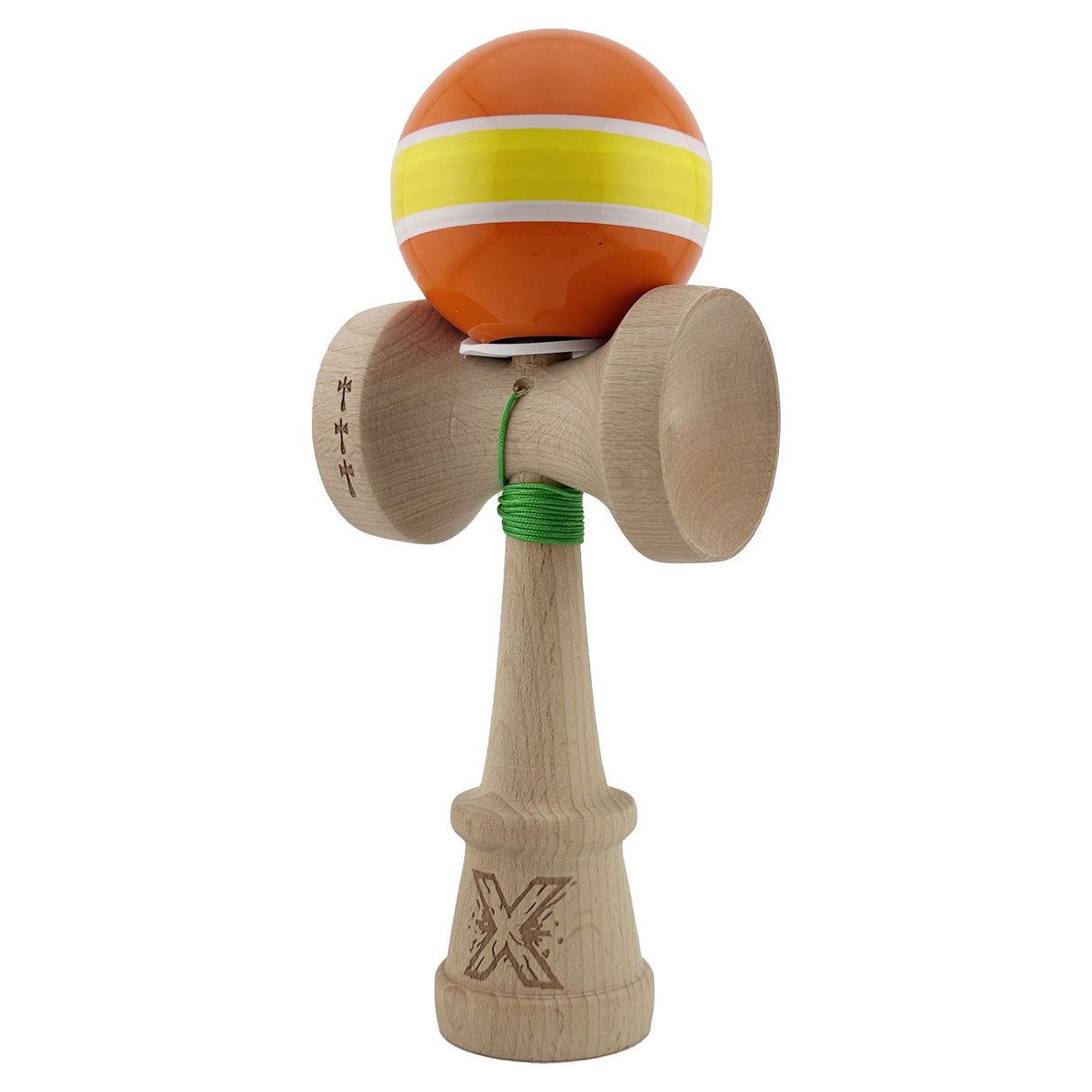 Kendama X Originala, Profesionala, Vivimall, Super Sticky cu Cupe Mari KING SIZE V3, Gaura in Baza, Rulment Metalic, din lemn 18 cm, Ata 62/65 cm, Special Portocaliu/Galben - vivimall.ro