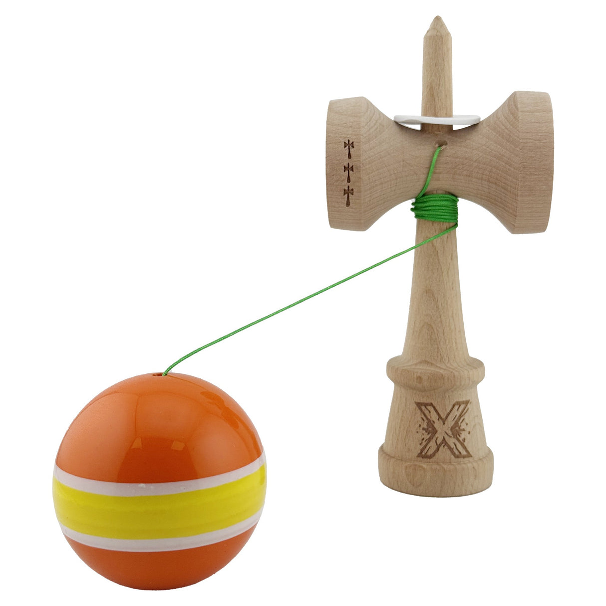 Kendama X Originala, Profesionala, Vivimall, Super Sticky cu Cupe Mari KING SIZE V3, Gaura in Baza, Rulment Metalic, din lemn 18 cm, Ata 62/65 cm, Special Portocaliu/Galben - vivimall.ro