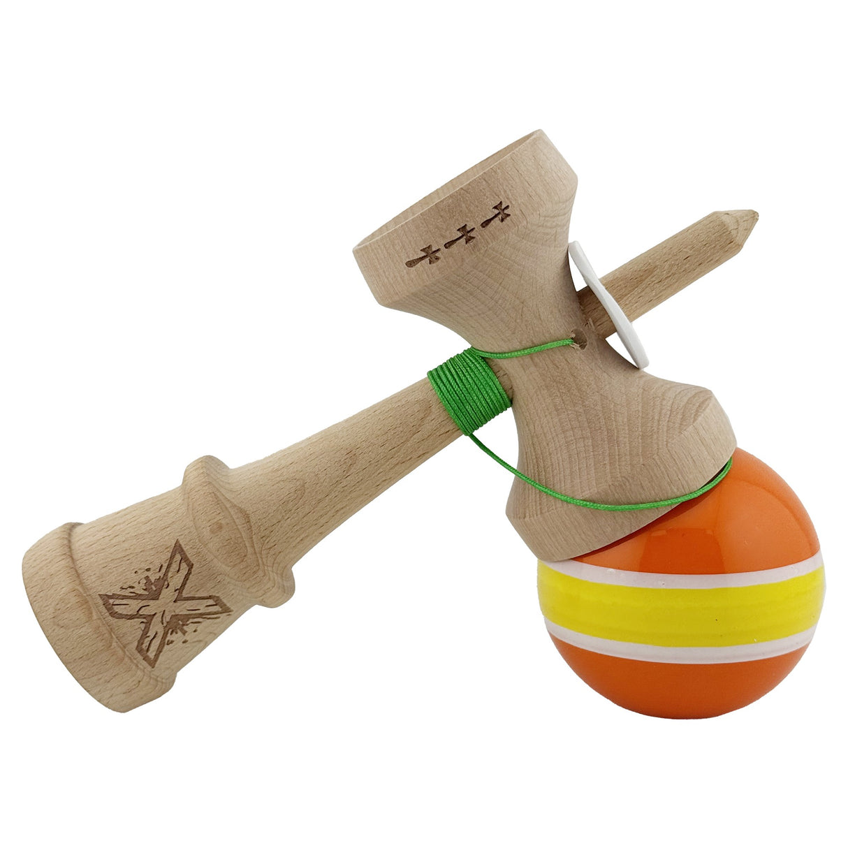 Kendama X Originala, Profesionala, Vivimall, Super Sticky cu Cupe Mari KING SIZE V3, Gaura in Baza, Rulment Metalic, din lemn 18 cm, Ata 62/65 cm, Special Portocaliu/Galben - vivimall.ro