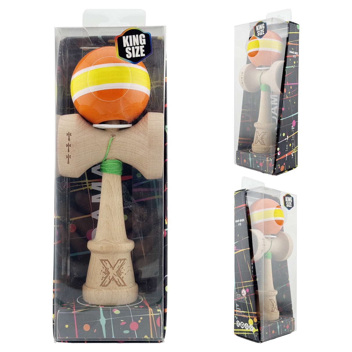 Kendama X Originala, Profesionala, Vivimall, Super Sticky cu Cupe Mari KING SIZE V3, Gaura in Baza, Rulment Metalic, din lemn 18 cm, Ata 62/65 cm, Special Portocaliu/Galben - vivimall.ro