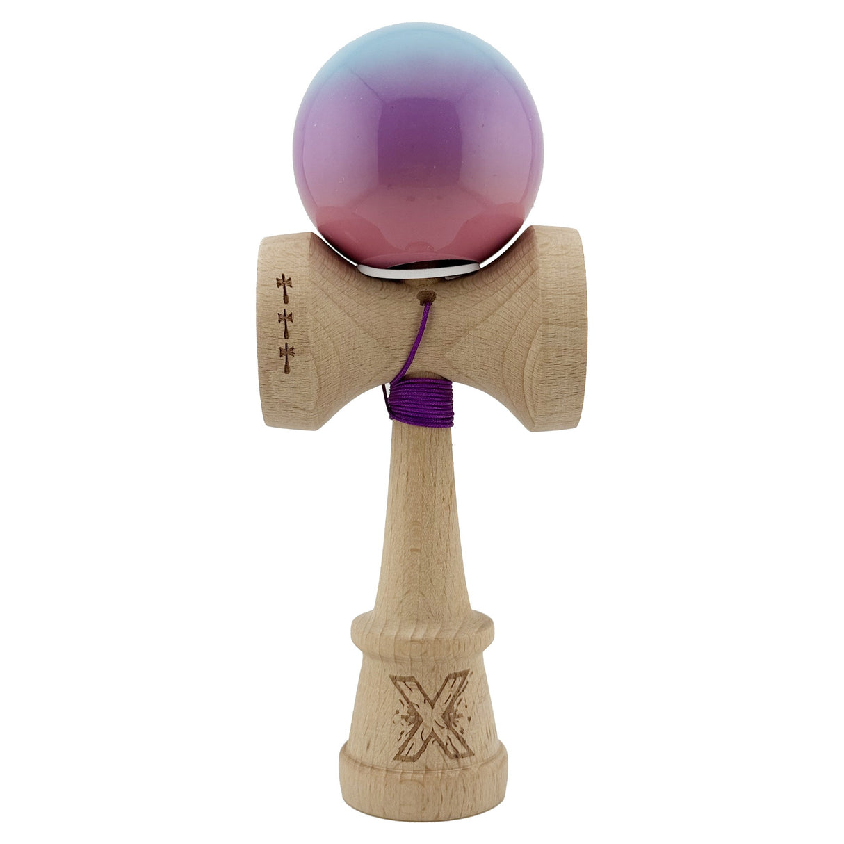 Kendama X Originala, Profesionala, Vivimall, Super Sticky cu Cupe Mari KING SIZE V3, Gaura in Baza, Rulment Metalic, din lemn 18 cm, Ata 62/65 cm, Gradient Albastru/Mov/Roz - vivimall.ro