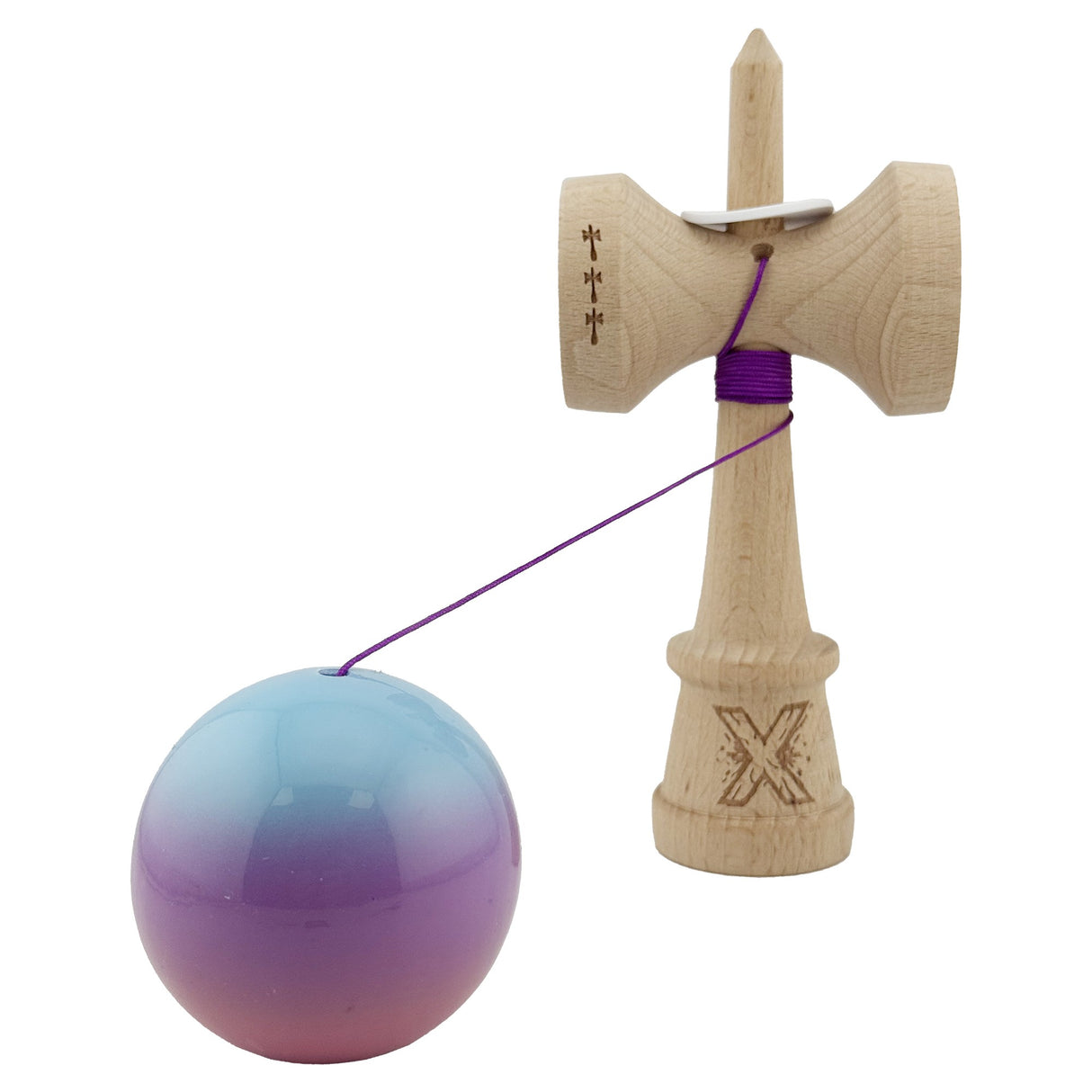 Kendama X Originala, Profesionala, Vivimall, Super Sticky cu Cupe Mari KING SIZE V3, Gaura in Baza, Rulment Metalic, din lemn 18 cm, Ata 62/65 cm, Gradient Albastru/Mov/Roz - vivimall.ro