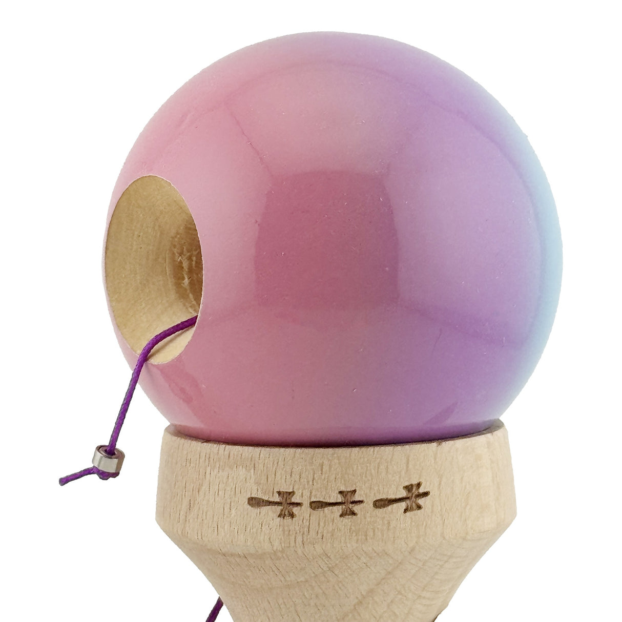Kendama X Originala, Profesionala, Vivimall, Super Sticky cu Cupe Mari KING SIZE V3, Gaura in Baza, Rulment Metalic, din lemn 18 cm, Ata 62/65 cm, Gradient Albastru/Mov/Roz - vivimall.ro