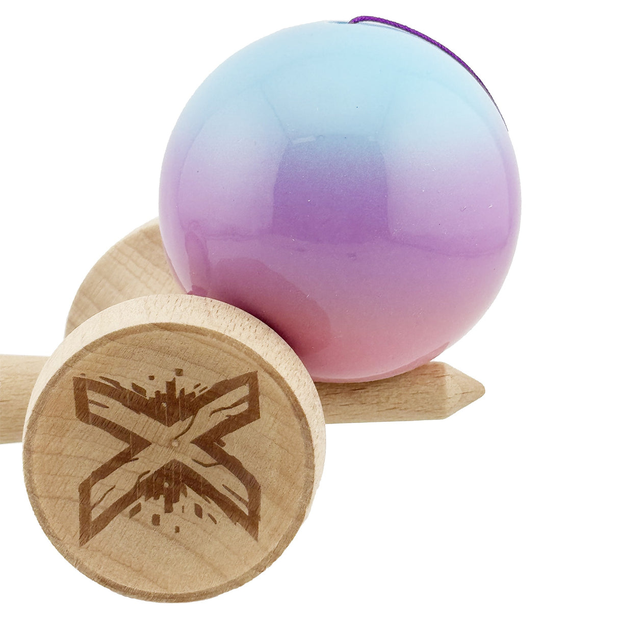 Kendama X Originala, Profesionala, Vivimall, Super Sticky cu Cupe Mari KING SIZE V3, Gaura in Baza, Rulment Metalic, din lemn 18 cm, Ata 62/65 cm, Gradient Albastru/Mov/Roz - vivimall.ro