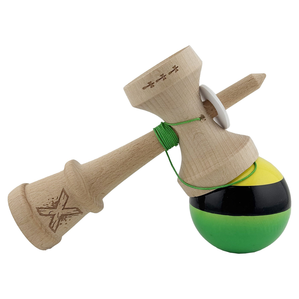 Kendama X Originala, Profesionala, Vivimall, Super Sticky cu Cupe Mari KING SIZE V3, Gaura in Baza, Rulment Metalic, din lemn 18 cm, Ata 62/65 cm, Galben/Negru/Verde - vivimall.ro